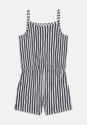 Striped romper with thin black and white vertical stripes, lightweight fabric, spaghetti straps, elastic waist, and side pockets.