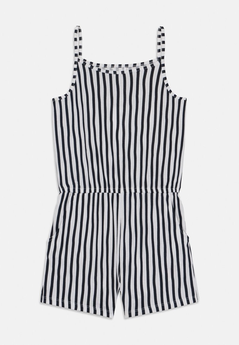 Paski kombinezon z cienkimi czarno-białymi pionowymi paskami, lekkim materiałem, cienkimi ramiączkami, elastyczną talią i kieszeniami po bokach.