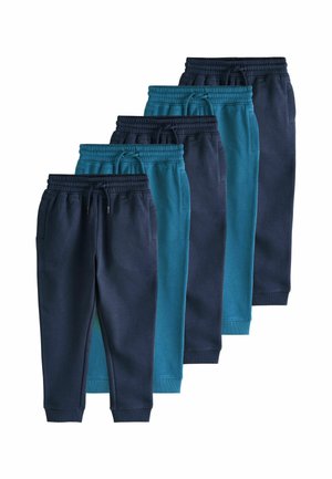 Fünf Paar Sweatpants in Blau- und Marine-Nuancen, mit elastischen Taillenbünden, Zugbändern, Seitentaschen und schmal zulaufenden Beinen.