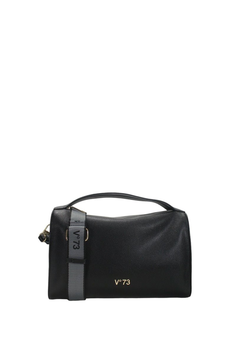 Zwarte leren handtas met een gladde textuur, met een handvat aan de bovenkant en een afneembare grijze strap met de opdruk "V°73." Gouden logo-accenten aan de voorkant.