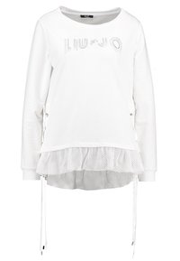 Vit långärmad skjorta med "LIU•JO" rhinestone-logotyp, volangkant i mesh och justerbara sidodragband.