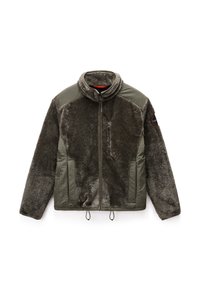 Fleece takki oliivinvihreänä, jossa on korkea kaulus, vetoketjullinen etuosa ja teksturoitu kangas; sisältää rintataskun ja säädettävät helmaköydet.