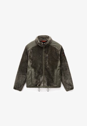 Fleece jacket in olive green with a high collar, zip front, and textured fabric; features a chest pocket and adjustable hem cords.