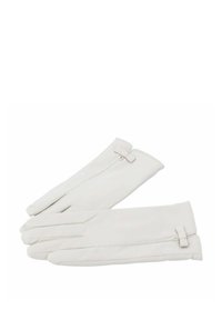Guanti in pelle bianca con una texture liscia, dotati di un piccolo fiocco decorativo sul polso e di un design aderente con punte delle dita affusolate.