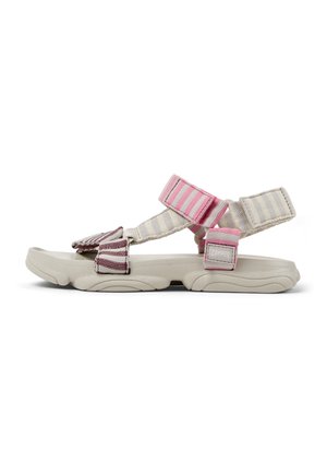 Sporty beige sandal with adjustable striped pink and burgundy fabric straps and cushioned sole, side view on white background.
