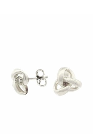 Orecchini a bottone in argento a forma di nodo con chiusura a farfalla mostrati su sfondo bianco.