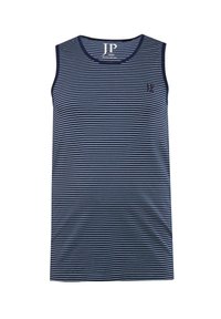 Top a maniche corte a righe blu navy e bianche realizzato in un tessuto morbido. Presenta un collo rotondo e un piccolo logo sulla parte sinistra del petto.
