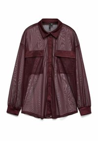 Camicia trasparente bordeaux con colletto, dotata di due tasche sul petto e maniche lunghe con orli a polsino. Finitura in tessuto testurizzato.