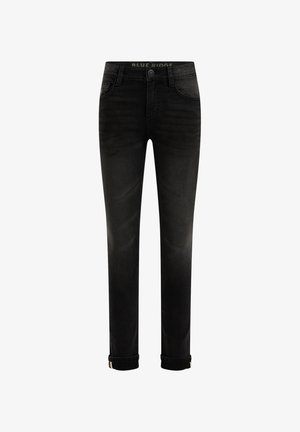 Jean slim noir avec ourlets roulés et design classique à cinq poches, présentant une fermeture à bouton et zip.