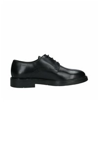 Scarpa da dress in pelle nera con finitura liscia, punta arrotondata, design con lacci e suola in gomma a profilo basso.