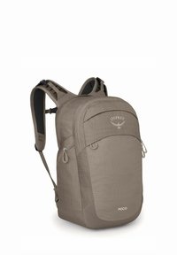 Sac à dos Gray Osprey Poco avec des bretelles rembourrées et réglables, une poche zippée sur le devant et un tissu texturé. Caractéristiques d'un logo sur le devant et de boucles d'attache sur les côtés.