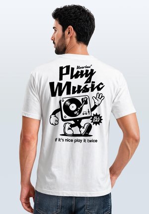 Man wearing white t-shirt with black graphic of a walking record player and text "Play Music all day, If it's nice play it twice" on back.