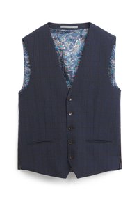 Chaleco de cuadros azul marino con cinco botones marrones, cuello con muesca y forro colorido con estampado paisley. Cuenta con dos bolsillos delanteros.