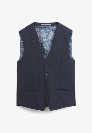 Gilet à carreaux bleu marine avec cinq boutons marron, col cranté et doublure en motif paisley colorée. Il est doté de deux poches avant.
