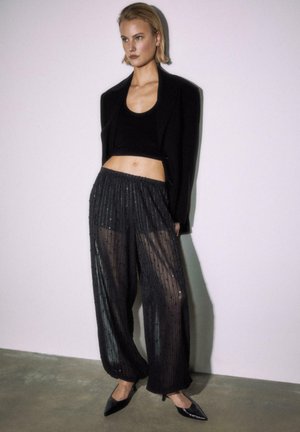 Black cropped blazer, black fitted top, and sheer black pleated pants with sequins. The model wears pointed black heels. Simple backdrop.