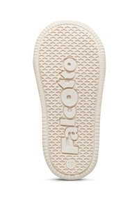 Suola di scarpa in gomma bianca con superficie strutturata, caratterizzata da un motivo a diamante e logo "Falcotto" in rilievo insieme alla taglia "19."