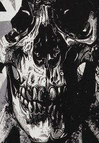 Czarnobiała szczegółowa ilustracja czaszki z cieniowaniem i teksturowanymi wzorami na ciemnym tle.