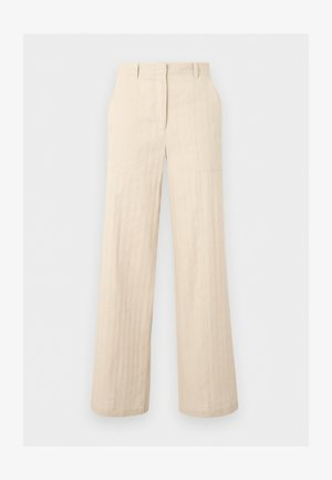 Pantalon beige taille haute à jambes larges avec passants pour ceinture et détails de coutures, présenté à plat sur un fond gris clair.