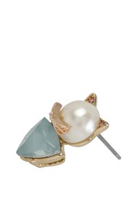 Gold-tone earring with a triangular blue stone, a white pearl, and pink accents, featuring a minimalist design and smooth textures.