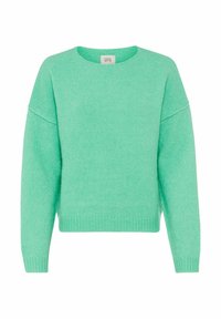 Miętowa sweter wykonany na drutach z okrągłym dekoltem, luźnym krojem, opadającymi ramionami oraz ściągaczami u rękawów i na dole. Miękka faktura, casualowy design.