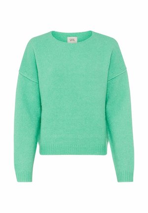 Mintgrüner, gestrickter Pullover mit Rundhalsausschnitt, lockerer Passform, überschnittenen Schultern sowie gerippten Bündchen und Saum. Weicher Stoff, lässiges Design.