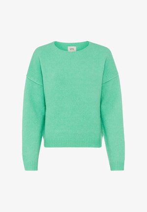 Miętowa sweter wykonany na drutach z okrągłym dekoltem, luźnym krojem, opadającymi ramionami oraz ściągaczami u rękawów i na dole. Miękka faktura, casualowy design.