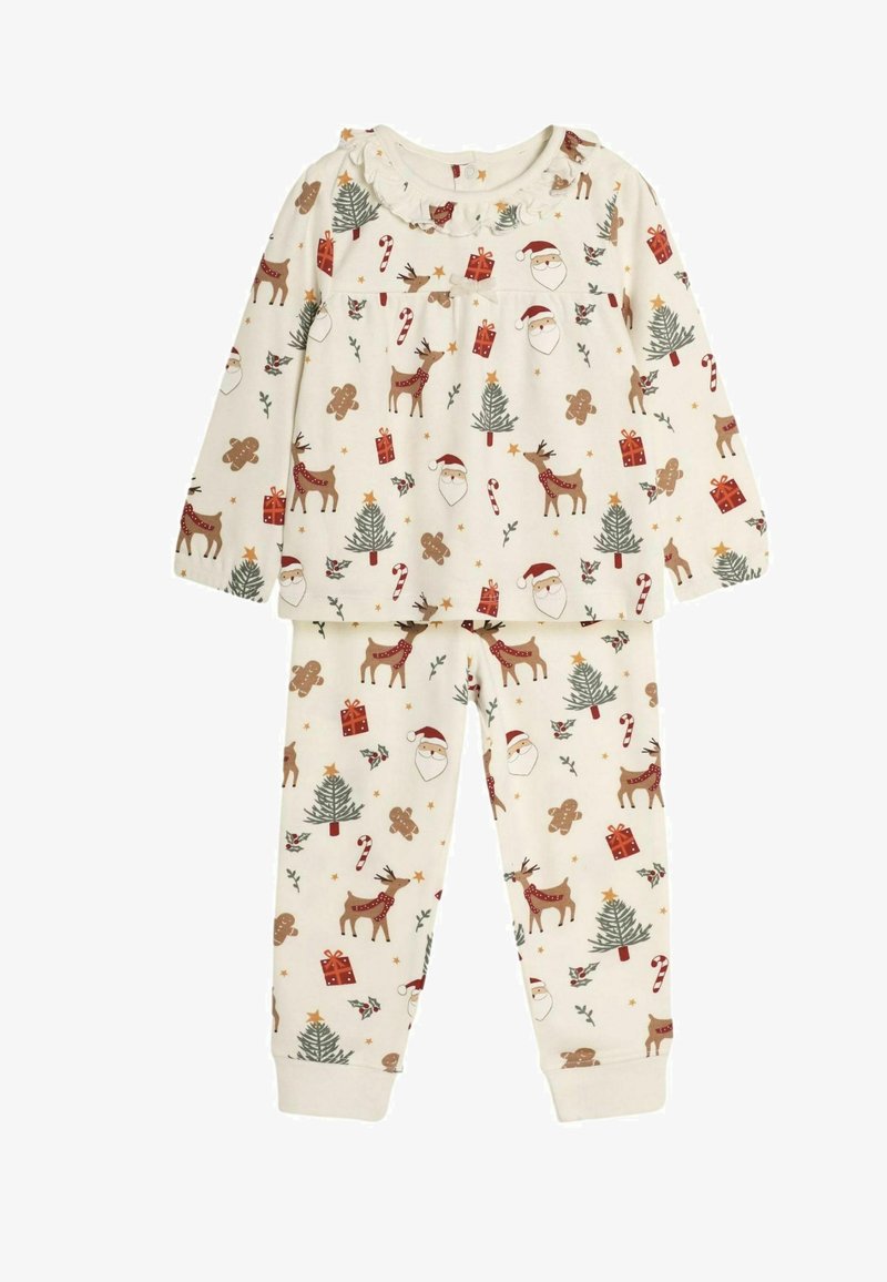 Cream-colored pajama set featuring long sleeves and pants, decorated with Santa, reindeer, Christmas trees, and candy canes in various colors.