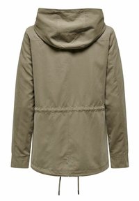 Veste légère kaki avec capuche, manches longues, taille et ourlet à cordon, vue de dos.