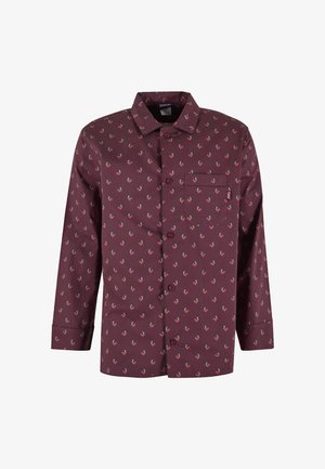 Kastanjebrun knappeskjorte med lange ermer og små kirsebærmønster, med en brystlomme på venstre side.