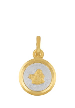 Runder Gold- und Silberanhänger mit einer erhabenen goldenen Engelsfigur, die in der Mitte ein Kind hält.