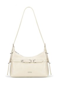 Ecrufarbene Handtasche aus glattem synthetischem Material. Verfügt über silberne Beschläge, eine geschwungene Silhouette und einen Tragegurt mit dekorativen Ringen.
