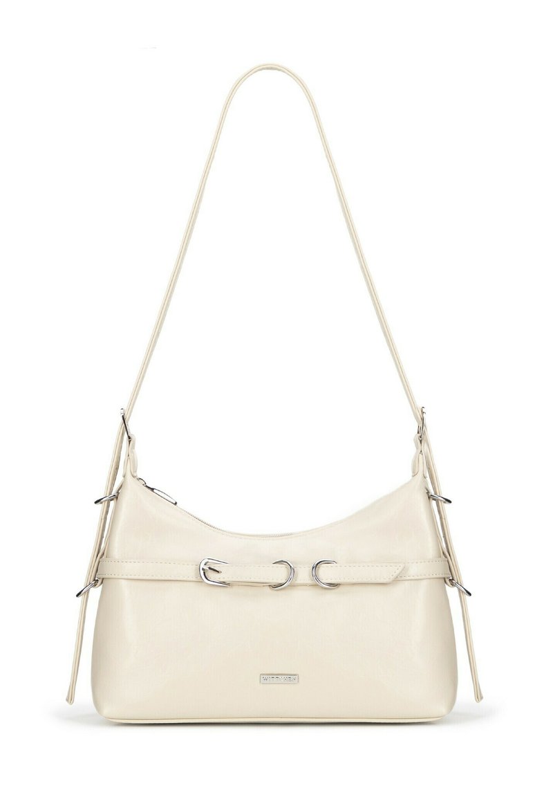 Ecrufarbene Handtasche aus glattem synthetischem Material. Verfügt über silberne Beschläge, eine geschwungene Silhouette und einen Tragegurt mit dekorativen Ringen.