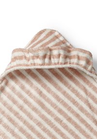 Randigt badrock i mjuk frottétyg med alternerande vita och blusstrimmor, med en samlad halsringning och huva.