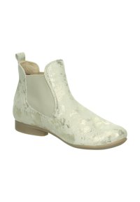 Metallisch silberne Chelsea-Stiefel mit elastischen Seiteneinsätzen, runder Zehenpartie, kleinem Absatz und dezentem Texturmuster auf dem Obermaterial.