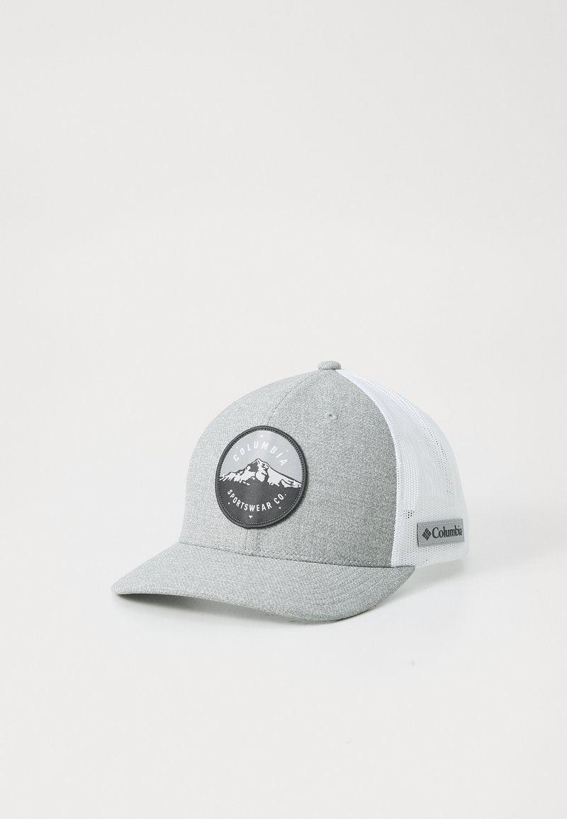 Gray fabric cap with a mesh white back, a rounded bill, and a circular logo patch featuring mountains and the text "Columbia Sportswear Co."