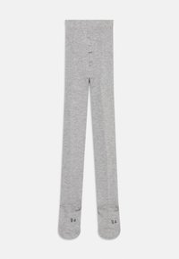 Collants opaques gris clair avec embouts, posés à plat, montrant les coutures et les marquages de taille sur les semelles.