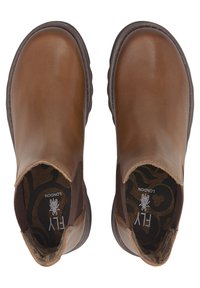 Brown leather ankle boots with elastic side panels, rounded toes, and a textured insole featuring a decorative pattern.