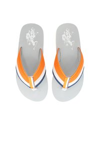 Oranssi ja tummansininen varvastossu, jossa on harmaa pohja, verkkostruktuurilla varustettu hihna ja pieni logo pohjallisessa.