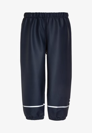 Navy waterproof pants with an elastic waistband, elastic cuffs, and white reflective stripes on the lower legs. Smooth, shiny finish.