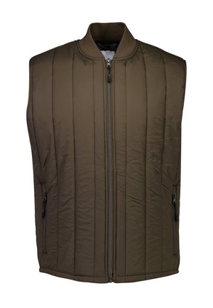 Gilet sans manches rembourré de couleur vert olive foncé, avec des coutures verticales, un col montant et des poches latérales zippées. Texture lisse.