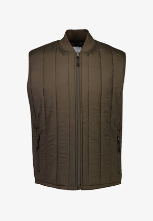 Gilet senza maniche imbottito di un verde oliva scuro, con cuciture verticali, colletto rialzato e tasche laterali con zip. Texture liscia.