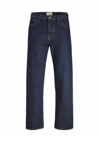 Jeans din denim albastru închis au o croială dreaptă, cusături standard de denim, cinci buzunare și un închizător cu buton la talie.