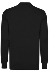Suéter negro de punto, con un cuello texturizado y puños acanalados. Diseño simple y sólido sin adornos adicionales.