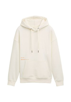 Biele mikina s kapucňou, predným vreckom, rebrovanými manžetami a lemom, s oranžovou nálepkou na dolnej prednej časti. Mäkkejšia, hladká textúra.