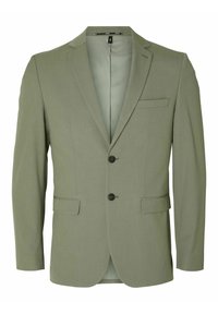 Olive green blazer made of textured fabric, featuring a notched lapel, two buttons, slim fit, and a single chest pocket.