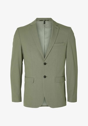 Sacou verde olive, realizat dintr-un material texturat, cu rever clasic, două butoane, croială slim și un singur buzunar pe piept.