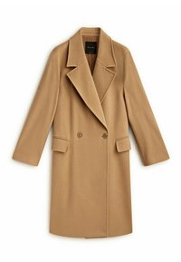 Beige kaksirivinen villakangastakki, jossa on kulmikas kaulus, kaksi etutaskua ja tyylikäs suora siluetti.