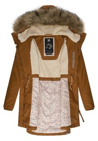 Brun isolerad jacka med en huva fodrad med päls, mjukt beige inre foder och ett blommönster på det inre tyget. Inkluderar snörningsdetaljer.