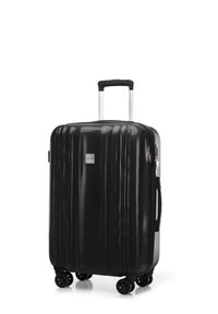 Valise rigide noire avec une texture en rainures, poignée télescopique argent�ée et quatre roues pivotantes noires. Présente un logo à l'avant.