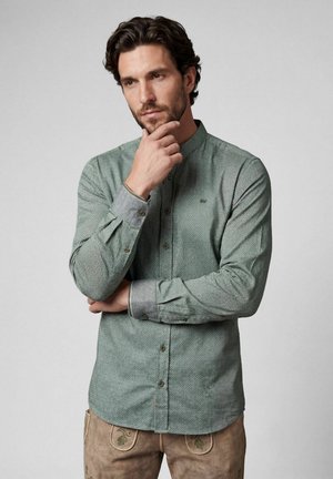Mann mit dunklem Haar, der ein hellgrünes, gemustertes Langarmhemd und braune Hose trägt und mit nachdenklichem Gesichtsausdruck sein Kinn hält.